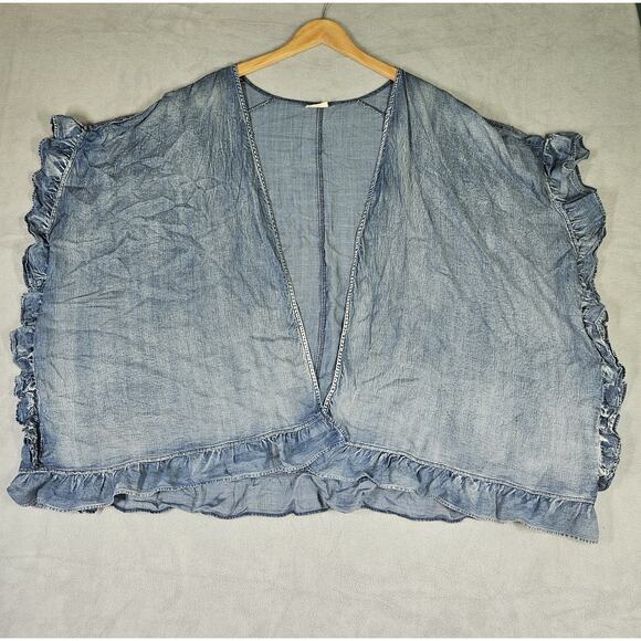 Three Bird Nest Robbie Chambray Ruffle Boho Cottage Prairie Denim Jacket Poncho - Picture 1 of 7